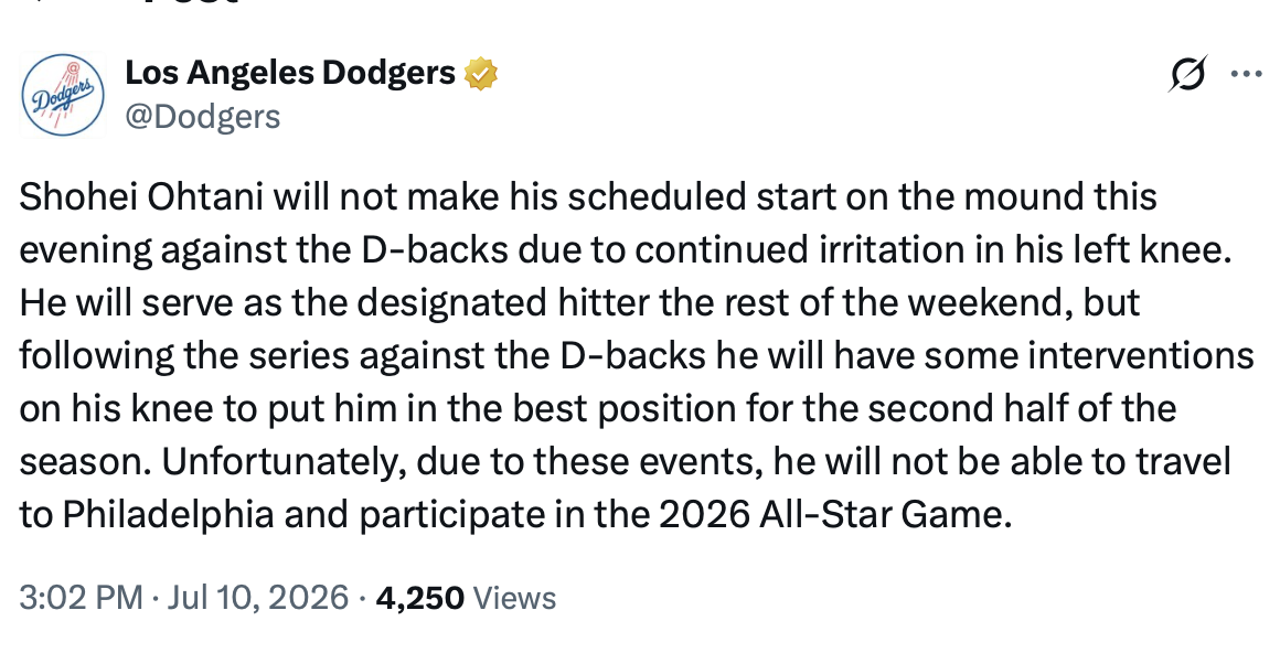大谷翔平が対ダイヤモンドバックス戦で登板回避、膝の治療内容にファン注目(海外の反応)